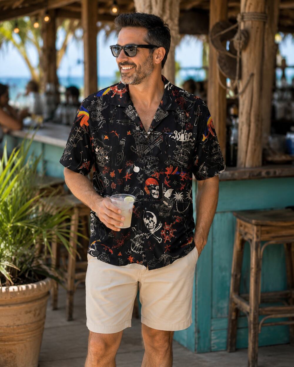 Pirate Print Hawaiian Shirt Mens Medium Black Novelty Cruise Tiki Kitsch Dadcore